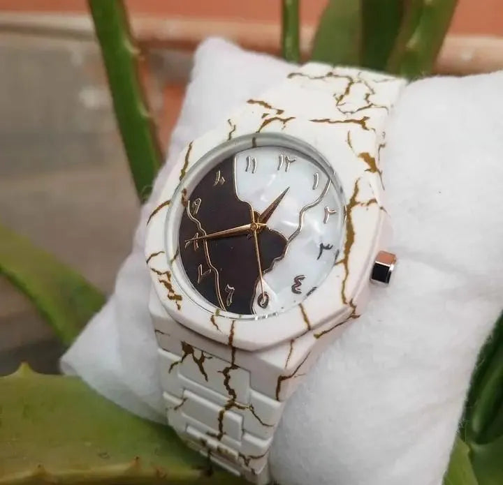 Men's Carbon fiber White Marble Golden Design Arabic Aura Watch