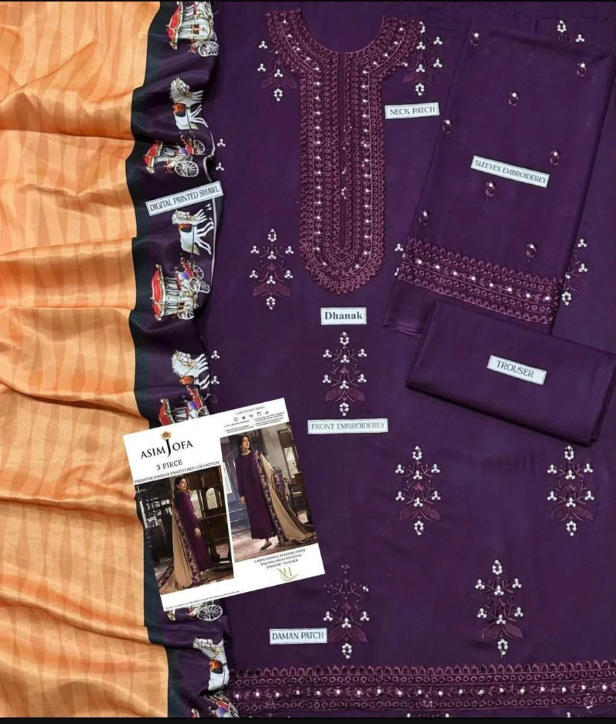 3Pcs Women's Embriodered Unstitched Suit