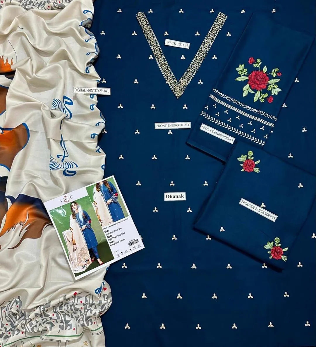 3 Pcs Women's Unstitched Embriodered Suit