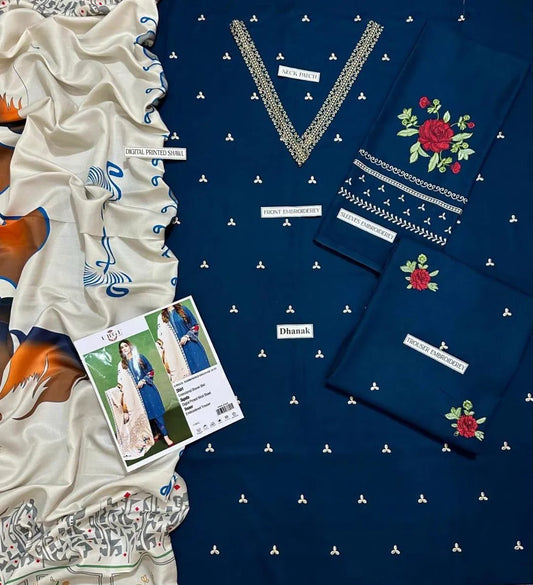 3 Pcs Women's Unstitched Embriodered Suit