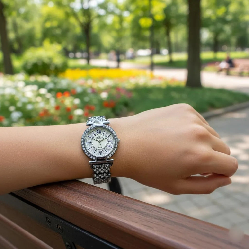 Women's MARIX Elegant Silver Ladies Quartz Watch with Crystal - Studded Dial Watch