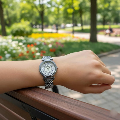 Women's MARIX Elegant Silver Ladies Quartz Watch with Crystal - Studded Dial Watch