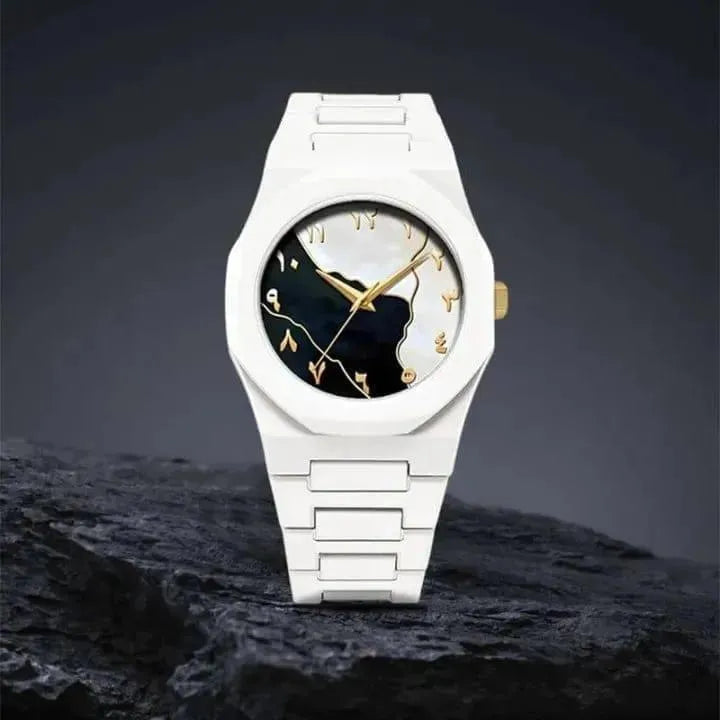 Men's Carbon fiber White Marble Arabic aura Watch