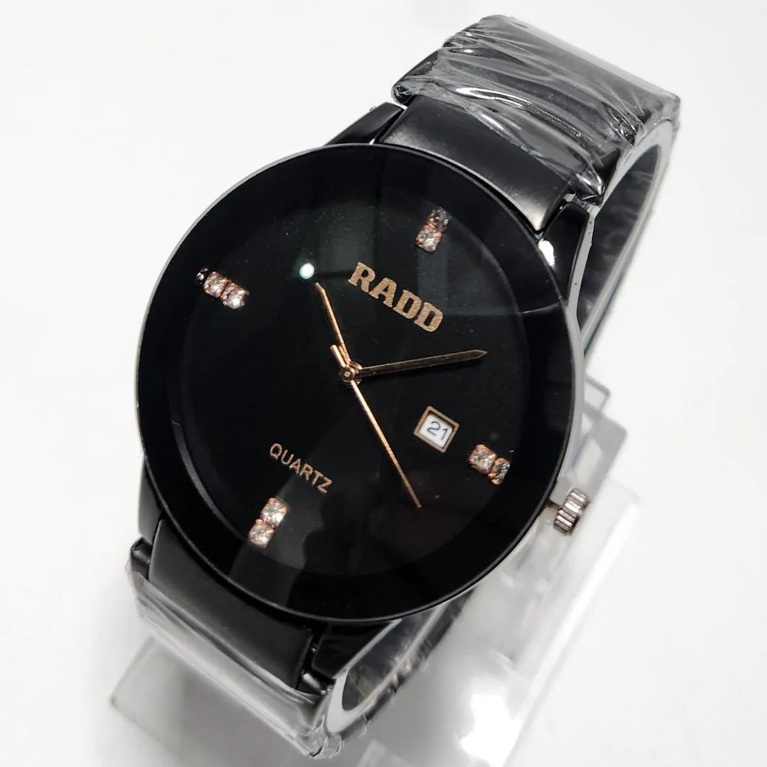 Men's/Women's Sleek Black Quartz Watch with rose Gold accents and Crystals Markers -Stainless Steel Back