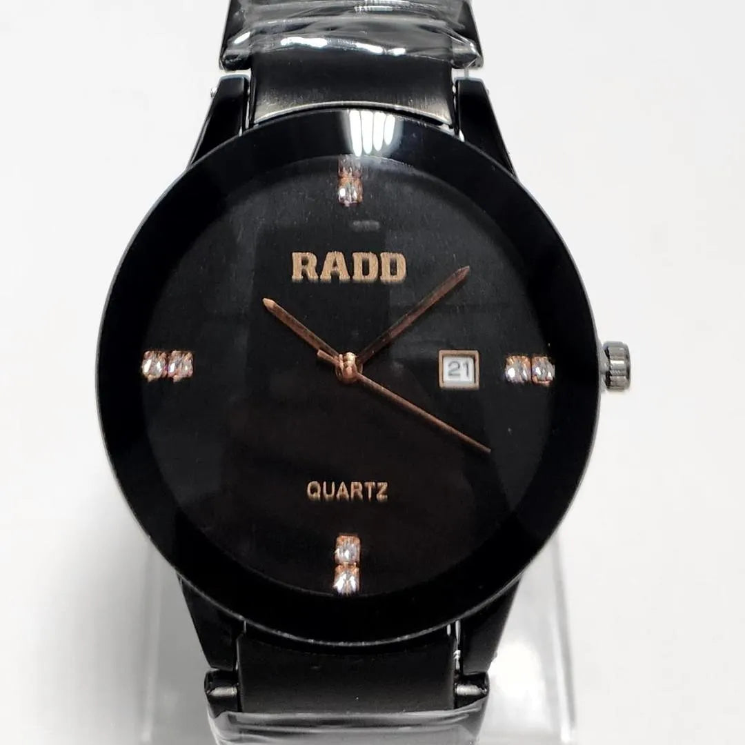 Men's/Women's Sleek Black Quartz Watch with rose Gold accents and Crystals Markers -Stainless Steel Back