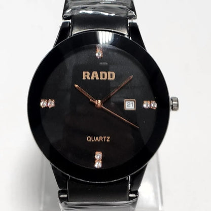 Men's/Women's Sleek Black Quartz Watch with rose Gold accents and Crystals Markers -Stainless Steel Back