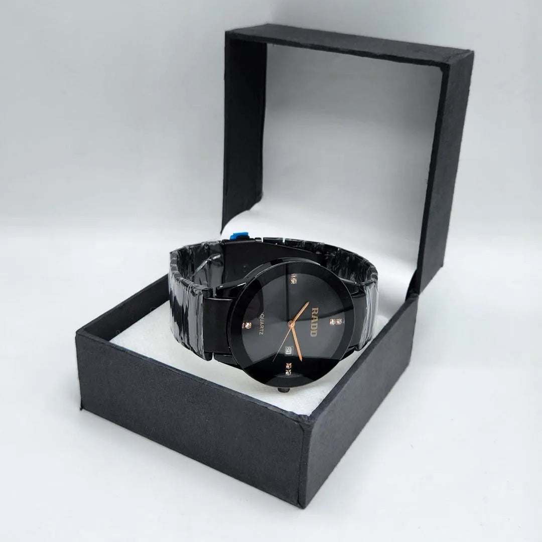 Men's/Women's Sleek Black Quartz Watch with rose Gold accents and Crystals Markers -Stainless Steel Back