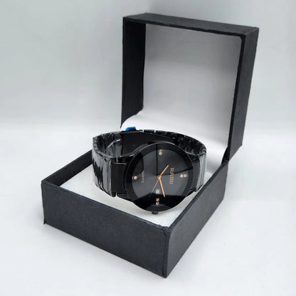 Men's/Women's Sleek Black Quartz Watch with rose Gold accents and Crystals Markers -Stainless Steel Back