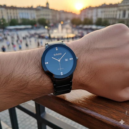 Men's/Women's Sleek Black Quartz Watch with rose Gold accents and Crystals Markers -Stainless Steel Back