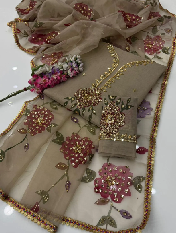 2pcs Women Unstitched  Sequins Embriodered  Suit