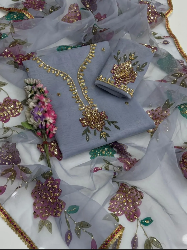 2pcs Women Unstitched  Sequins Embriodered  Suit