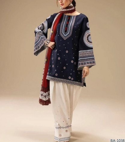 3pcs Women's Unstitched Embriodered Suit