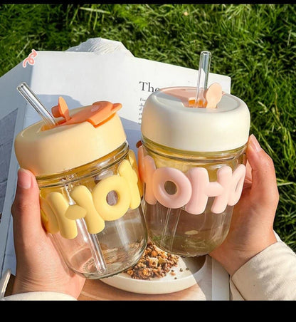 Pearl Chain Glass Cup Female High Beauty Household Water Cup Portable Breakfast Milk Cup Cute glass Straw Double Drinking coffee Cup best for gift way trader